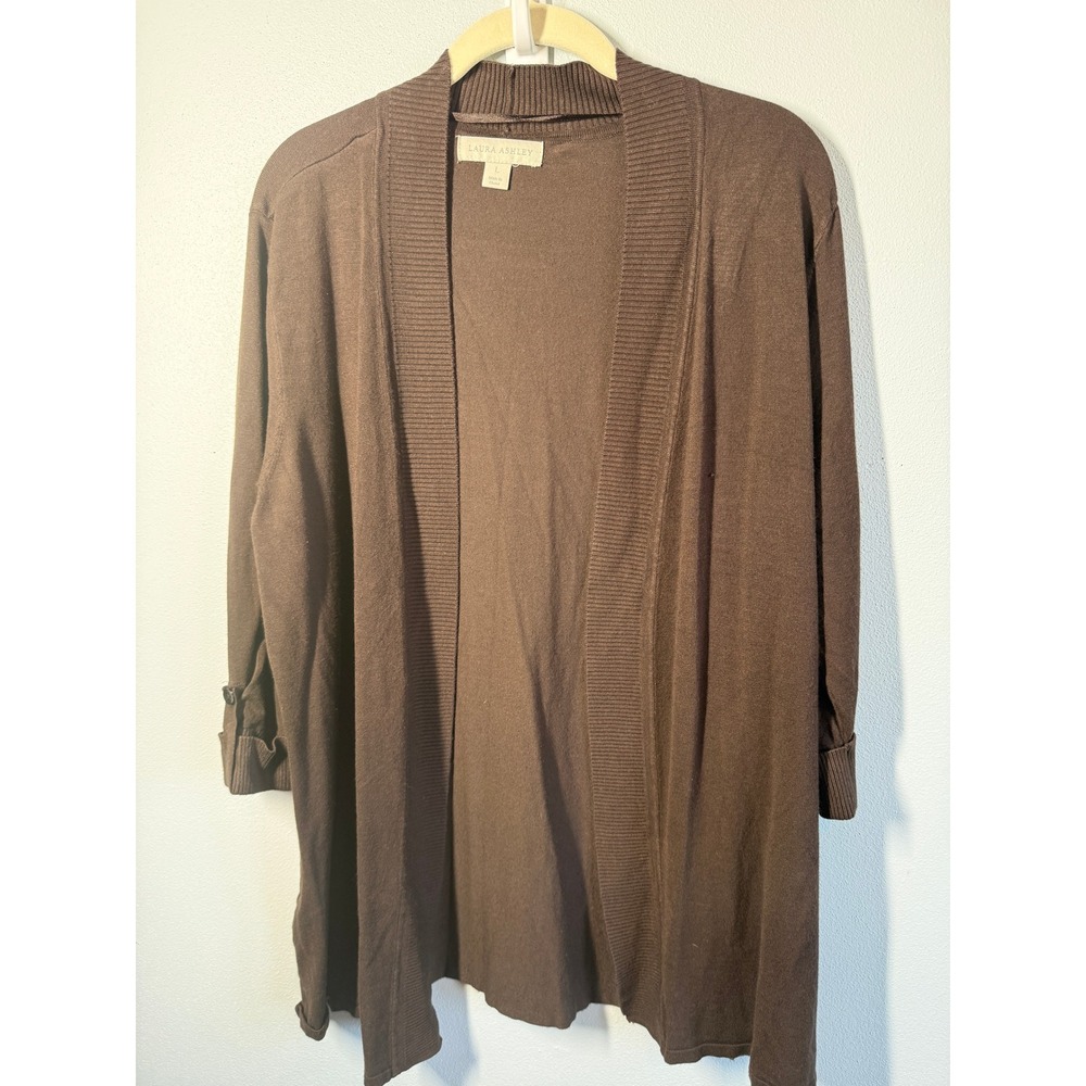 Laura Ashley Womens Open Front Cardigan Brown 3/4 Sleeve Button Tab Size Large